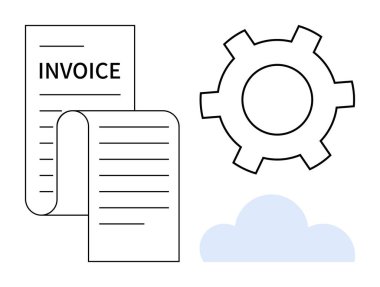 Finansal yönetimi, otomasyonu, bulut depolamasını temsil eden malzeme ve bulut grafiğinin yanında fatura. Finans, iş, muhasebe, otomasyon, teknoloji, gider takibi için idealdir.