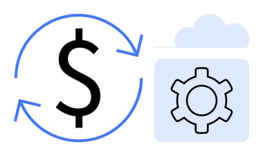 Okları olan dolar sembolü ve bulut depolama teçhizatı finansal süreci, otomasyonu ve sistem yönetimini görselleştiriyor. Finans, otomasyon, bulut hizmetleri, teknoloji, yönetim ve ekonomi için ideal