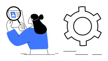 Kadın, araştırma ve analizi sembolize eden bir büyüteç kullanarak profil detaylarını inceliyor. Vites simgesi ayarları veya sistem yapılandırmasını önerir. İşe alım, İnsan Kaynakları, Analiz ve veri sıralama için ideal