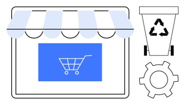 Vitrinde bir alışveriş arabası, geri dönüşüm kutusu, vites sembolü var. E-ticaret, sürdürülebilirlik, çevre dostu alışveriş, teknoloji, sistem süreci, perakende yeniliği basit iniş sayfası için ideal