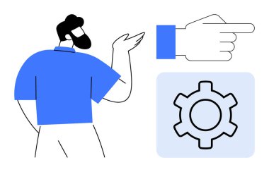 Erkek jesti, işaret eden el ikonu, vites sembolü minimalist tarzda. Rehberlik, takım çalışması, iş akışı, teknik kurulum, öğrenme, işletme müşteri desteği için ideal