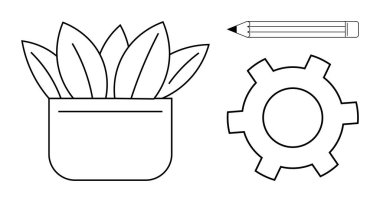 Saksı bitkisi, vites ve kalem temiz minimalist tarzda büyümeyi, yeniliği ve yaratıcılığı sembolize eder. Üretkenlik, eko-kavramlar, eğitim, tasarım, iş akışı ekip çalışması için ideal