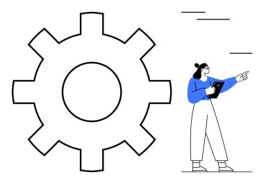 Önünde tableti olan bir kadının yanında büyük dişli operasyonu sembolize ediyor. Takım çalışması, yenilik, liderlik, iş akışı, iş çözümleri, yaratıcılık, basit iniş sayfası için ideal