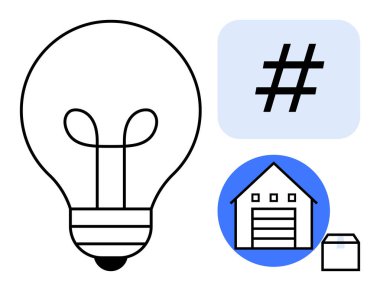 Ampul fikirleri, meta veri etiketi trendleri simgeler ve depo da lojistiği simgeler. Yaratıcılık, sosyal medya, yenilik, e-ticaret, yönetim, teknoloji için ideal basit iniş sayfası