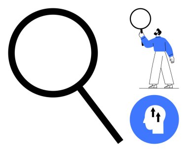 Büyüteç, onu tutan kişi ve yukarı doğru oklu baş silueti. Arama, analiz, araştırma, büyüme, yenilik, merak ve basit iniş sayfası için ideal