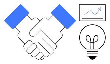 El sıkışma işbirliğini, başarı için büyüme grafiğini ve yenilik için ampulü sembolize eder. Takım çalışması, iş stratejisi, beyin fırtınası, ortaklık, ilerleme, girişimcilik için ideal