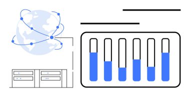 Birbirine bağlı düğümlere sahip dünya, dikey çubukların analitik şeması ve sunucuları. Teknoloji için ideal, büyük veri, bulut bilgisayarı, küresel iletişim, bilişim hizmetleri, analitik basit iniş sayfası