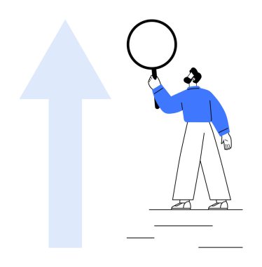 İnsan, büyümeyi, başarıyı, analizi, yönü ve fırsatı sembolize eden büyük bir okun yanındaki büyüteçle yakından inceler. Araştırma, strateji ve iş büyüme hedefi için ideal