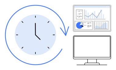 Dairesel oku olan saat zamanı vurgular, analiz grafikli veri panelleri ve bir masaüstü monitörü. Üretkenlik, zaman izleme, veri yönetimi, iş planlaması, verimlilik için ideal