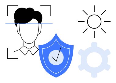 Yüz tanıma sistemi tarafından taranan yüz çizgisi, kontrol işaretli güvenlik kalkanı, işlem veya ayarlar için teçhizat ve şeffaflık için güneş. Teknoloji, güvenlik, berraklık, yenilik ve veri için ideal