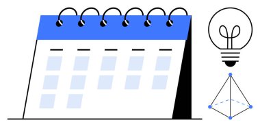 Açık mavi aksanlı sarmal masa takvimi fikirler için ampul, yaratıcılık için geometrik şekil. Zamanlama, planlama, organizasyon, zaman yönetimi, yenilik ve beyin fırtınası için ideal