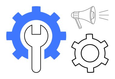 Teknik işlem için ingiliz anahtarı, iletişim için megafon, dişli taslak. Teknoloji, mühendislik, araçlar, takım çalışması, otomasyon, iletişim için ideal basit iniş sayfası