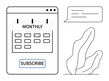 Aylık olarak etiketlenmiş takvim tasarımı, abone düğmesi, mesaj balonu ve dekoratif bitki. Abonelik, hatırlatıcı, planlama, iletişim, organizasyon bildirimleri için ideal basit bir iniş sayfası