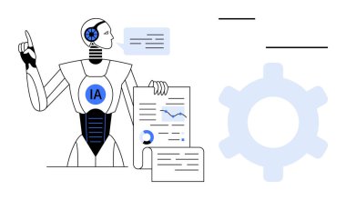 Yapay zeka robotu çizelge ve belgeler kullanarak analitik verileri açıklıyor. Yenilik, teknoloji, veri analizi, otomasyon, makine öğrenimi, gelecek kavramları, gelişim süreci için ideal. Düz basit