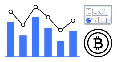 Veri eğilimlerini gösteren çizgi grafiği, Bitcoin sembolü, analizli dijital panel. Kripto para, finans, veri, ticaret, analitik, engelleme zinciri basit iniş sayfası için ideal