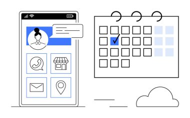 Vurgulanmış bir masaüstü takvimi ile birlikte kullanıcı profili, sosyal uygulama simgeleri ve ileti baloncuğu içeren akıllı telefon ekranı. Organizasyon, görev yönetimi, zamanlama, kullanıcı etkileşimi, verimlilik için ideal