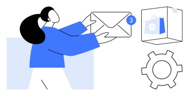 Tebligat balonlu bir zarf taşıyan bir kadın bir kutunun içinde alışveriş çantası ve vites simgesi olan bir kadın. Bildirimler, e-postalar, alışveriş, e-ticaret, güncellemeler, iletişim için ideal basit iniş sayfası