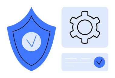 İşaretli kalkan, dişli simgesi ve kimlik doğrulama rozeti, güvenliği, ayarları ve kimlik doğrulamayı simgeliyor. Siber güvenlik, teknoloji koruması, sistem yönetimi gizlilik uygulaması tasarımı için ideal