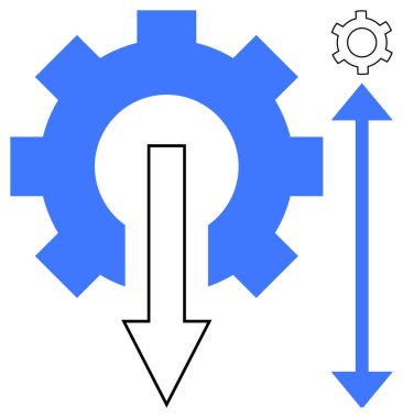 Aşağı doğru bir oku çevreleyen büyük mavi dişli, yanında daha küçük bir dişli ve yukarı-aşağı bir ok var. Süreç optimizasyonu, mühendislik, mekanik, otomasyon, büyüme, geliştirme, basit iniş için ideal