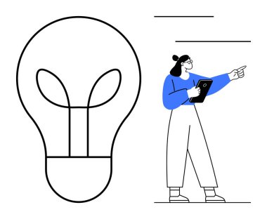 Elinde tablet tutan kadın, yaratıcılığı temsil eden büyük bir ampulün yanına işaret ediyor. Yenilik için ideal, takım çalışması, eğitim, beyin fırtınası, liderlik, teknoloji, basit iniş