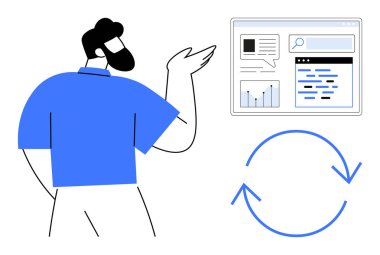 Ekranda el kol hareketi yapan, analitiği grafikler, metinler ve arama çubuğuyla gösteren bir adam. Dairesel ok süreci vurgular. Veri analizi, sunum, güncelleme süreci, pazarlama, SEO ilerlemesi için ideal