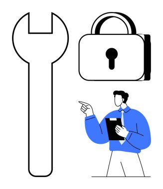 Büyük anahtar, güvenli kilit ve pano işaretli adam tamir, güvenlik, takım çalışması, verimlilik, iletişim, yenilik ve güvenilirliği simgeliyor.