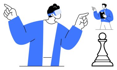 VR kulaklık takan, dinamik bir şekilde hareket eden, yönü gösteren bir figür ve stratejiyi sembolize eden bir satranç piyonu. Yenilik, liderlik, strateji, teknoloji, yaratıcılık için ideal