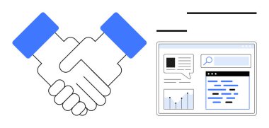 Grafikler, arama çubuğu ve veri görselleriyle gösterge panelinin yanında takım çalışmasını sembolize ediyor. İşbirliği, ortaklık, iş, takım çalışması, analiz, araştırma için ideal