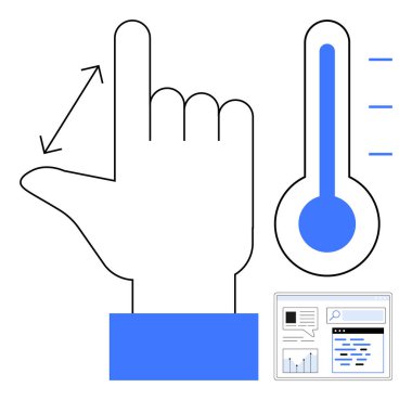 Ölçümü gösteren bir ok, seviyeli bir termometre, grafikli bir veri paneli ve arama aracı. Teknoloji, sağlık, hava, analiz, eğitim ve yenilik için idealdir.