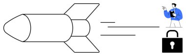 Roket bir hedefe doğru gidiyor, verileri gözden geçiren bir figür, hızı temsil eden, hedef başarısı, veri güvenliği, planlama. Yenilik, siber güvenlik, teknoloji liderlik stratejisi büyümesi için ideal