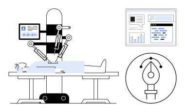 Bir hastaya ameliyat yapan robotik kollar, verileri gösteren tıbbi monitör, gösterge paneli, soyut kalem aleti. Tıbbi yenilik, robot bilimi, yapay zeka, sağlık hizmetleri, ameliyat teknolojisi için ideal.