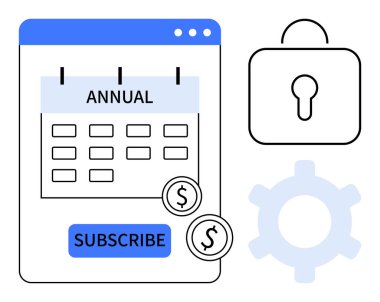 Yıllık abonelik takvimi, abonelik düğmesi, bozuk paralar, güvenlik kilidi ve ayarlar için teçhizat. Ödeme planları, mali yönetim, güvenlik, hizmet abonelikleri için ideal