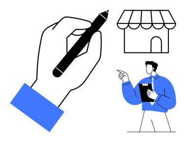 Kalemle el çizimi, elinde pano olan bir adam bir dükkan ikonunu işaret ediyor. Yaratıcılık, strateji, planlama, işletme yönetimi, girişimcilik, perakende pazarlama için idealdir. Düz basit metafor