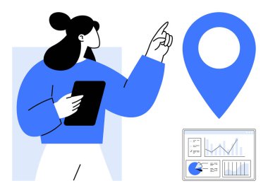 Kadın figürü bir tablet tutuyor ve konum belirtecine doğru hareket ediyor. Ekran resimli analizdeki veri tabloları. Navigasyon, analitik, iş planlaması, araştırma ve karar verme için ideal