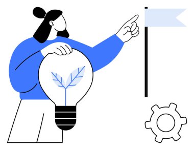 Sürdürülebilir enerji ampulü taşıyan başarı bayrağına doğru jestler yapar. Sürdürülebilirlik, yenilik, vizyon, liderlik, hedef belirleme, yeşil teknoloji, ilerleme için ideal. Düz basit metafor