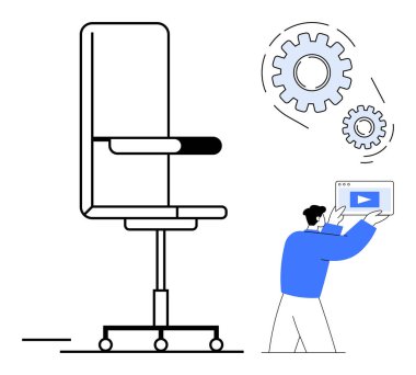 Elinde video, büyük ofis koltuğu ve takım çalışmasını, yenilikleri ve verimliliği temsil eden vites kutusu olan bir adam var. İş yeri, yönetim, yaratıcılık, eğitim çözümleri için ideal basit takım çalışması