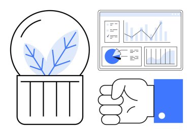 Sürdürülebilirliği sembolize eden kabın içine bitki, çizelgeli analitik gösterge paneli ve sıkılmış el hareketi. Büyüme stratejileri, eko-çözümler, teknoloji, çevre, yönetim, takım çalışması için ideal