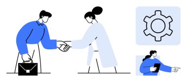 İki profesyonel el sıkışıyor, evrak çantası, vites kutusu, dijital işbirliği. Takım çalışması, ortaklık, kurumsal strateji, iletişim, kariyer ağ yönetimi için ideal basit iniş