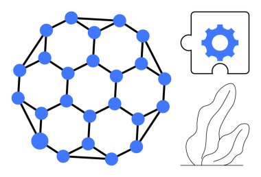 Dairesel mavi düğümler ve siyah çizgiler, teçhizatlı yapboz parçası ve soyut bitki ağı. Bağlantı, teknoloji, takım çalışması, problem çözme, yenilik, bilim sade iniş sayfası için ideal