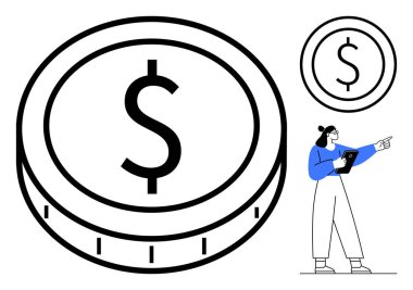 Elinde bir not panosu olan kadın ve yanında dolar işareti olan büyük boy bir bozuk para. Finans, tasarruf, yatırım, bütçe planlaması, ekonomik eğitim, refah yönetimi, basit bir iniş sayfası için ideal