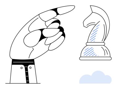 Büyük el bulutun yanındaki satranç taşını işaret ediyor. Strateji, karar verme, liderlik, planlama, odaklanma, hedef belirleme için ideal. Düz basit metafor