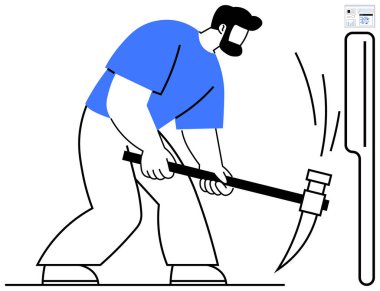 Mavi gömlekli kaslı bir adam uzun bir nesneye balyoz sallıyor ve çarpma çizgileri oluşturuyor. Çalışma için ideal, güç, çaba, inşaat, el işi, azim, basit iniş sayfası