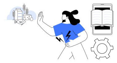 Bir kadın, bir kitap ve akıllı telefonla konuşurken süt ürünleri, balık ve buğdaya doğru duruyor. Sürdürülebilirlik, veganlık, eğitim, teknoloji, bilinçli yaşam, sağlık hizmetleri için idealdir.