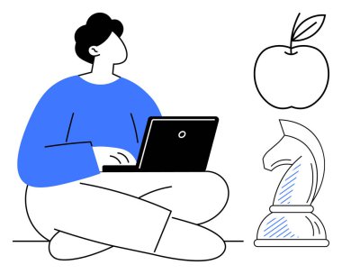 Yanında dizüstü bilgisayar, elma ve satranç şövalyesi olan biri oturuyor. Öğrenme, eğitim, tefekkür, odaklanma, stratejik düşünce üretkenliği, kendini geliştirme için ideal. Düz basit metafor