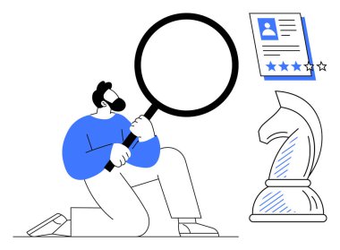 Profili detaylı bir incelemeyle analiz eden adam yıldızların ve satranç şövalyesi sembolünün yanında gözleniyor. İşe alım, strateji, karar verme, değerlendirme, liderlik, kariyer planlaması için ideal