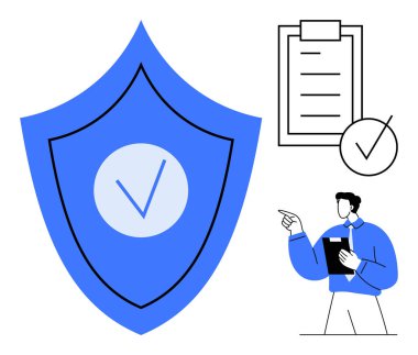 Kontrol işaretli büyük bir kalkan, detaylı kontrol listesi ve dosyalara bakan bir uzman. Güvenlik, uyum, onay, sertifika, koruma için ideal profesyonel geribildirim düzlüğü