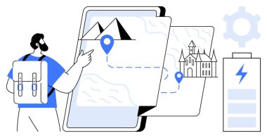 Sırt çantası dijital haritayı işaret ediyor. Yer işaretleri, yer işaretleri ve navigasyon yolları var. Seyahat, gezinti, keşif, teknoloji, macera, turizm ve planlama temaları için ideal