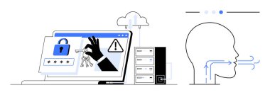 Kilitli asma kilitli dizüstü bilgisayar, el ele tutuşmalar, uyarı simgesi, bulut sunucusu, hava akışı tasvirli insan taslağı. Siber güvenlik, veri koruması, teknoloji, yapay zeka risk yönetimi için ideal