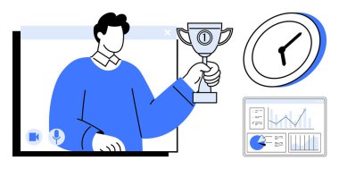 Video görüşmesi sırasında kupa tutan kişi zamanı sembolize eden saat ve ilerlemeyi vurgulayan analitik çizelge. Başarı için ideal, sanal toplantı, zaman yönetimi, hedef belirleme, takım çalışması, kurumsal