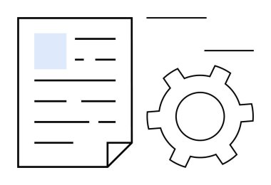 Veri yönetimini temsil eden belge ve dişli simgesi, işlem optimizasyonu, sistem yapılandırması, iş akışı otomasyonu. Teknoloji, iş araçları, üretkenlik, kalkınma, iş akışı için ideal